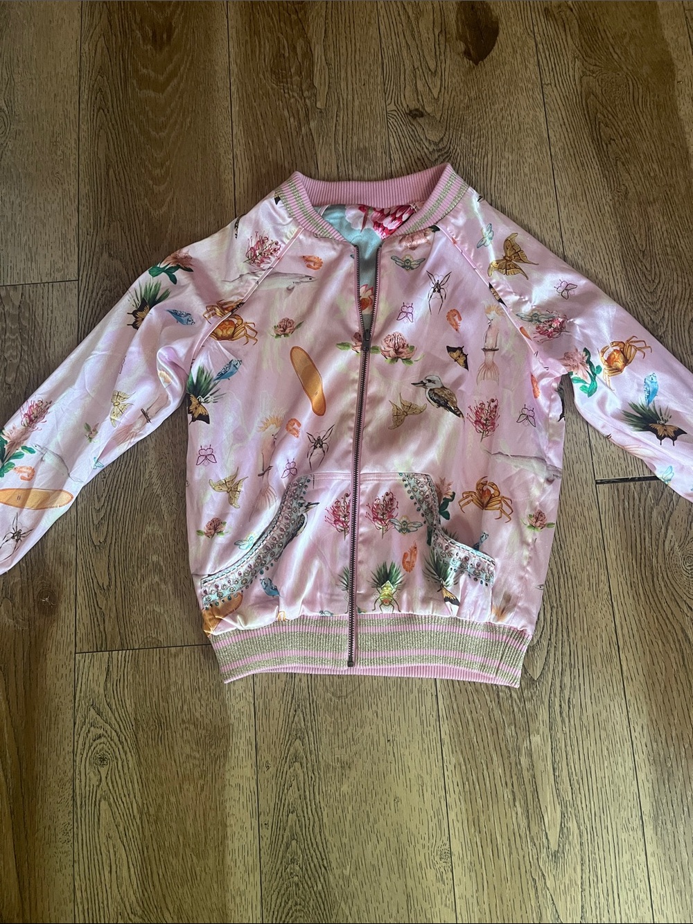 Girls' Pink Floral Print Satin Bomber Jacket with Zip